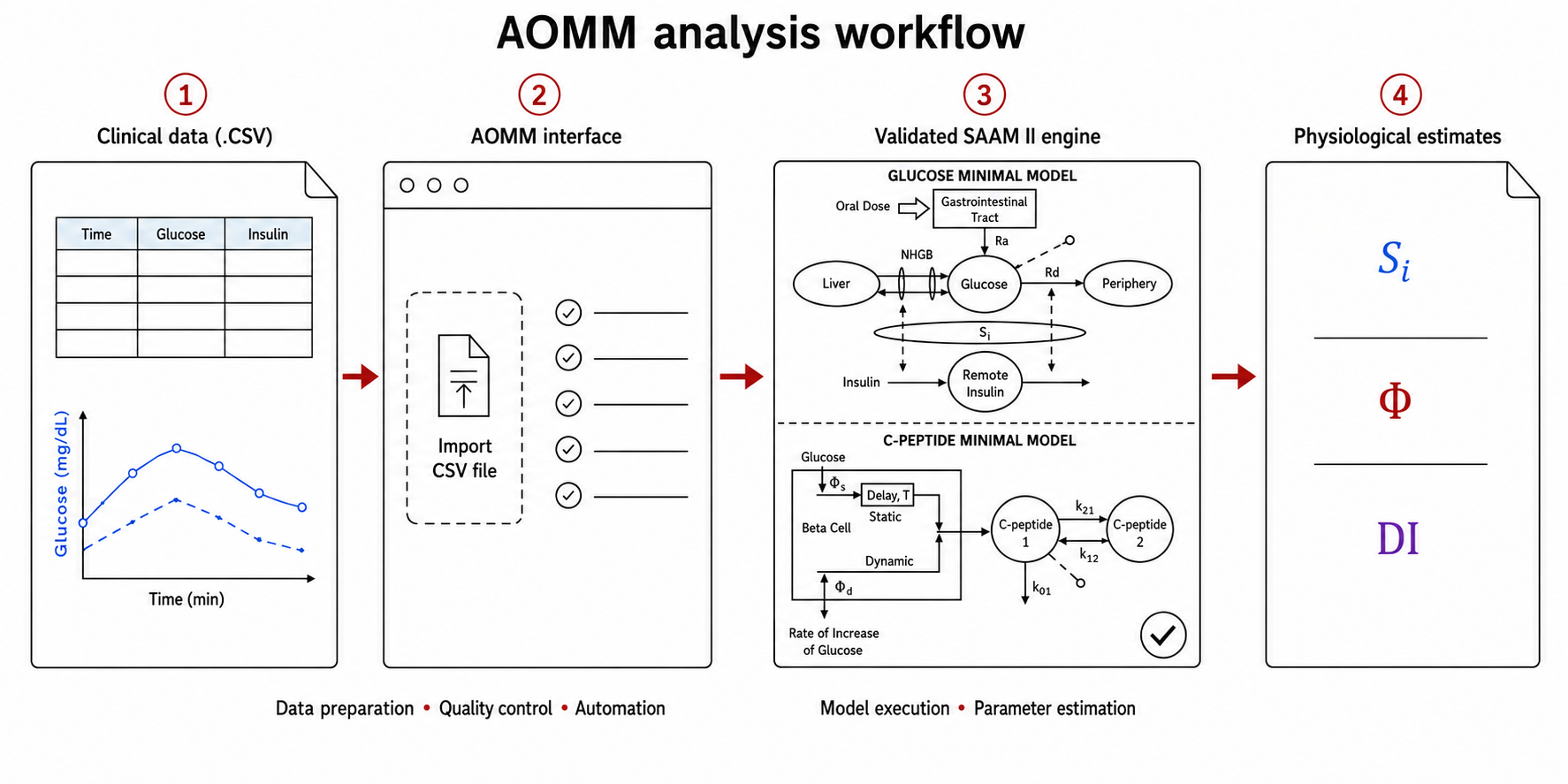 AOMM™ analysis workflow: clinical CSV data, AOMM interface, validated SAAM II engine, physiological estimates